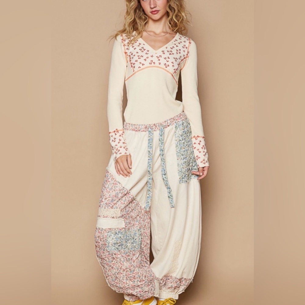 POL Cream Floral Patchwork Track Pants - Picture 3 of 6